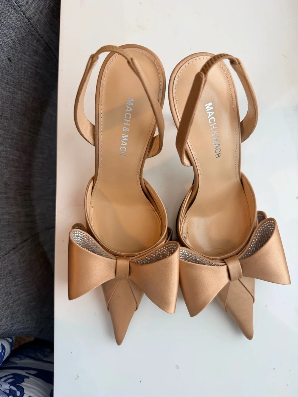 MACH & MACH Metallic Champagne Bow Pointed Slingback Heels